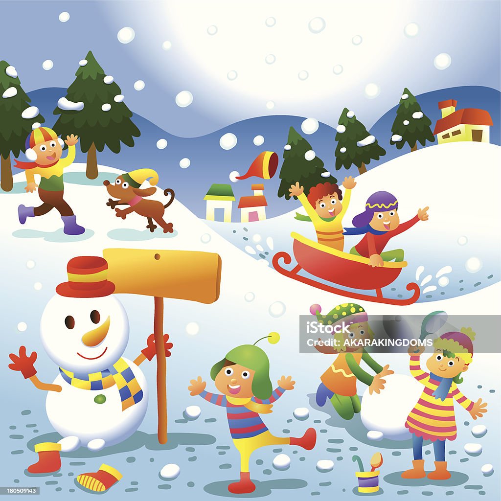 cute kids playing winter games. cute kids playing winter games. EPS10 File - simple Gradients, no Effects, no mesh, no Transparencies.All in separate layer and group for easy editing. Backgrounds stock vector