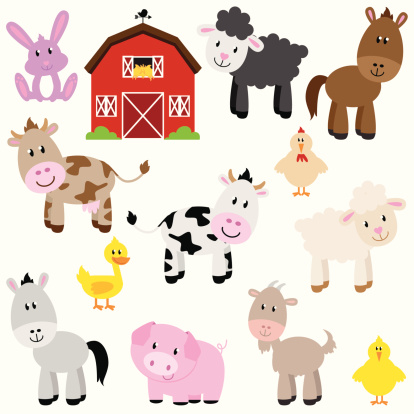 Vector Collection of Cute Cartoon Farm Animals and Barn. No gradients or transparencies used. Large JPG included. Each element is grouped for easy editing.