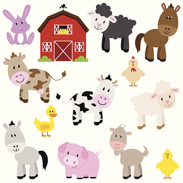 Vector Collection of Cute Cartoon Farm Animals and Barn Vector Collection of Cute Cartoon Farm Animals and Barn. No gradients or transparencies used. Large JPG included. Each element is grouped for easy editing. petting zoo stock illustrations