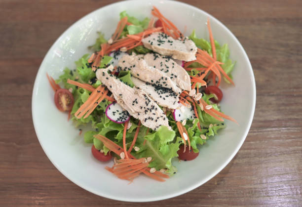 Close-up Chicken salad is on the table.