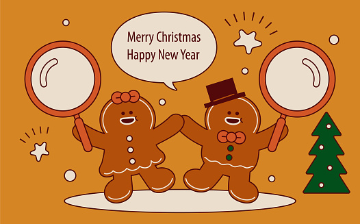 Cute Christmas Characters Vector Art Illustration.
A cute gingerbread couple dancing holding a magnifying glass and wishing you a Merry Christmas and a Happy New Year.