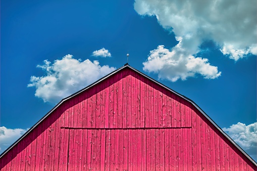 A well kept and painted red barn with a green emerging canola field behind it and a cloudy summer sky. Front view