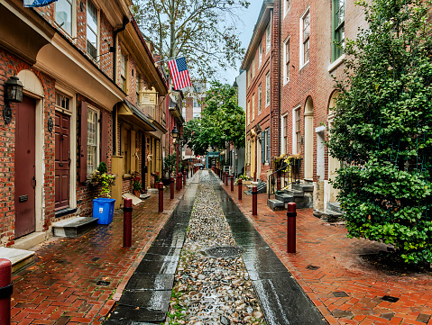 Philadelphia, PA  US  Oct 14, 2023 Horizontal view of Elfreth's Alley, a historic street in the Old City neighborhood of Philadelphia, Pennsylvania, dating to 1703.