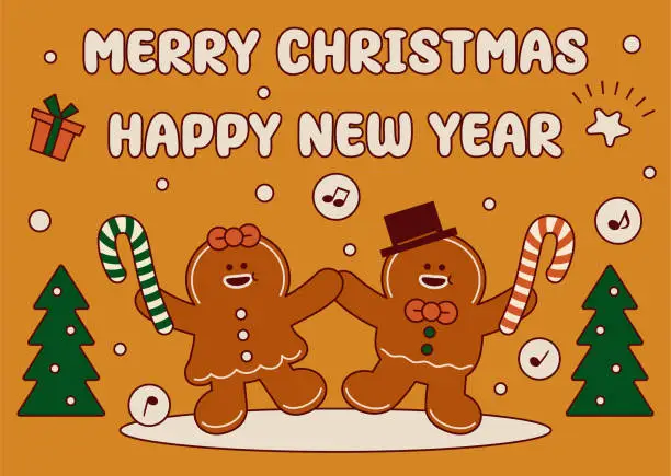 Vector illustration of A cute gingerbread couple dancing holding a candy cane and wishing you a Merry Christmas and a Happy New Year
