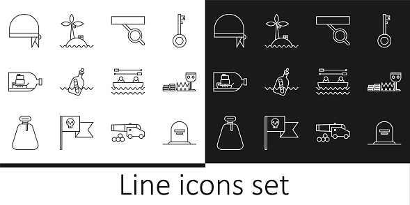 Set line Tombstone with RIP written, Treasure and riches, Pirate eye patch, Bottle message in water, ship inside, bandana for head, Boat oars and Tropical island ocean icon. Vector