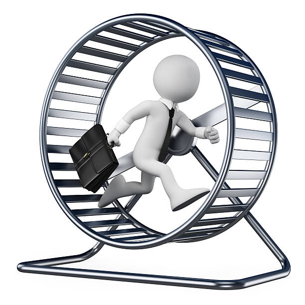 istock 3D white people. Businessman in a hamster wheel 180514397