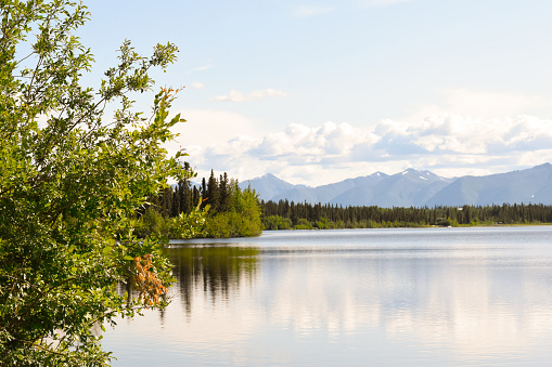 The calm waters of this Alaskan lake offers a tranquil scene.