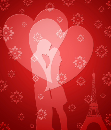 Happy Valentines Day Couple in Paris with Eiffel Tower and Hearts