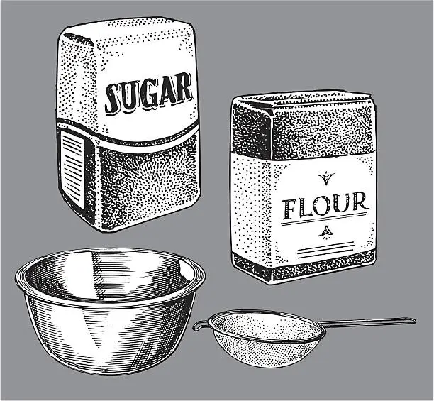 Vector illustration of Sugar and Flour, Cooking Items - Bowl, Sifter