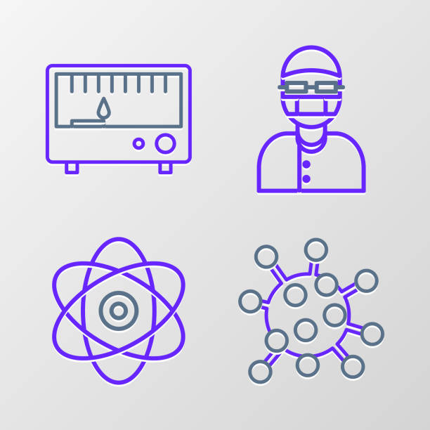 ilustraciones, imágenes clip art, dibujos animados e iconos de stock de establezca la línea de icono de instrumentos de medición de bacterias, átomos, asistentes y eléctricos. vector - instrument of measurement fuel and power generation chemist chemistry