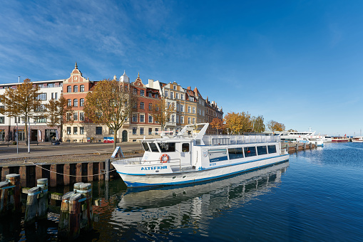 Stralsund, Germany – November 03, 2023: the Altefähr passenger ferry operated by Weiße Flotte GmbH in Stralsund as a ferry connection between the mainland and the island of Rügen