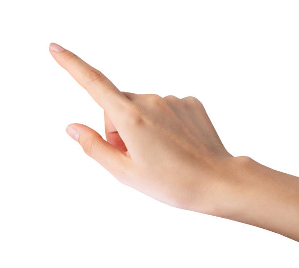 istock Clipping path, woman hand touching or pointing on isolated white background. 1805173021