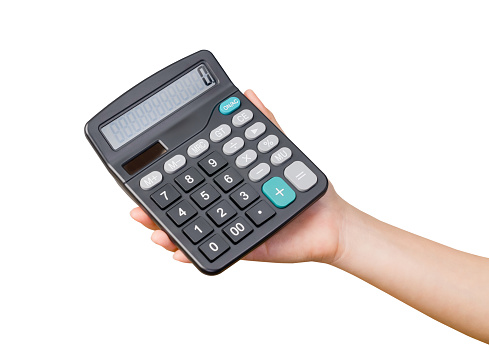 Clipping path, hand holding blank calculator on isolated white background.