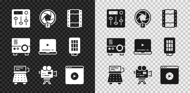 ilustrações de stock, clip art, desenhos animados e ícones de set sound mixer controller, camera shutter, play video, retro typewriter, cinema camera, online play video, media projector and icon. vector - typewriter retro revival old fashioned the media