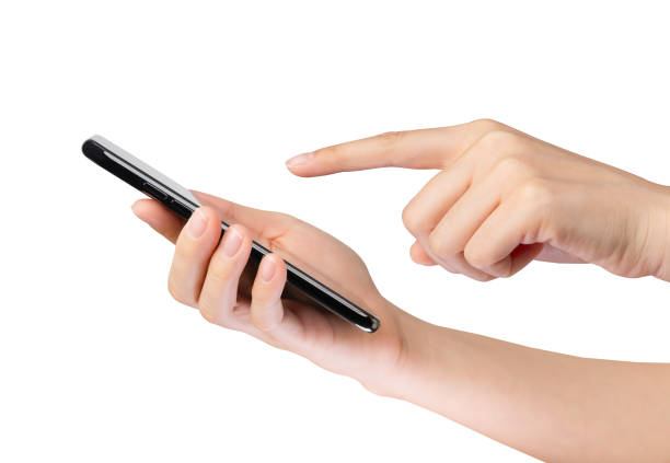 istock Clipping path, Hand holding the black smartphone on isolated white background. 1805174553