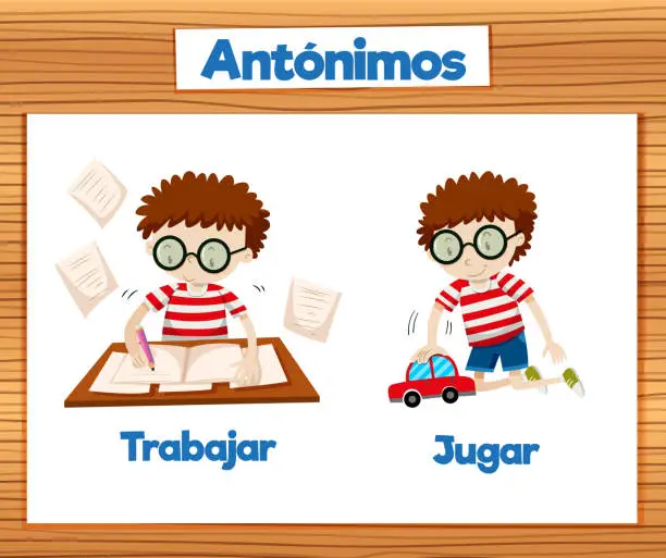 Vector illustration of Antonym Word Card: Trabajar and Jugar in Spanish means work and play