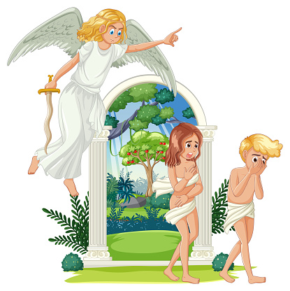 Adam and Eve's expulsion from paradise depicted in a vibrant vector cartoon