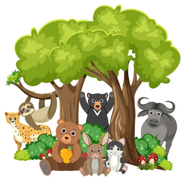 Vector illustration of Diverse Wildlife Gathering Beneath a Tree