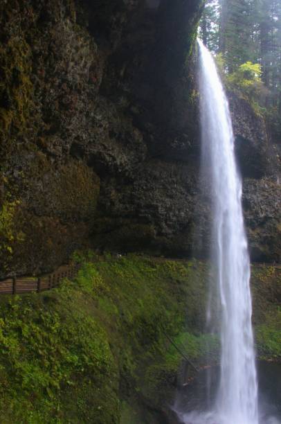 istock Side view of waterfall flowing down mossy rock face 1805180668