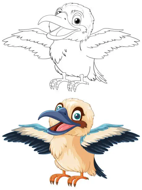 Vector illustration of A smiling Kookaburra bird native to Australia stands with its wings open and wild, isolated on a white background