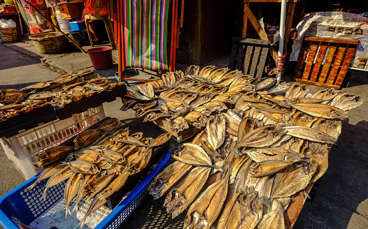 Manila, Philippines - Apr 12, 2017. Pile of dried fish at local market in Manila, Philippines.