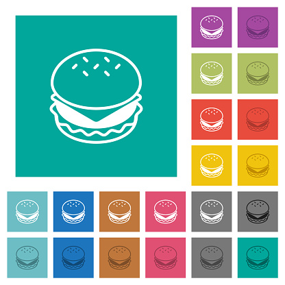 Cheeseburger multi colored flat icons on plain square backgrounds. Included white and darker icon variations for hover or active effects.