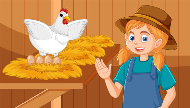 ilustrações de stock, clip art, desenhos animados e ícones de joyful farm girl collecting fresh eggs - organi