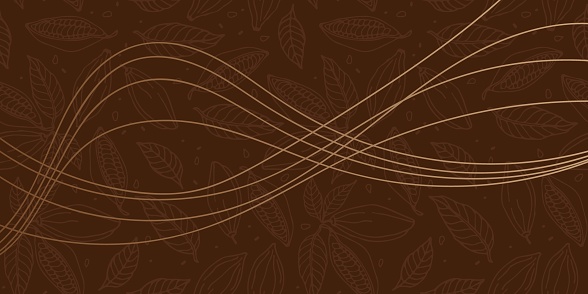 Cocoa beans background with smooth decorative wave lines. Chocolate wrapper. Chocolate background with cocoa beans and hand drawn lettering. Repeated Vector for poster, card, label, sticker, logo