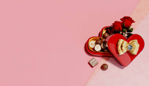 istock 3D rendering illustration, top view, heart chocolate gift box with red roses on pink background 1805184751