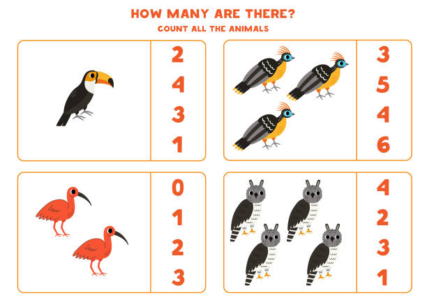 Count all South American birds and circle the correct answers. Counting game with cute South American birds. Educational worksheet. hoatzin stock illustrations
