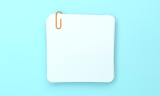 White Empty Post It Notes Held By A Paperclip On Blue Background. Empty Paper Template.