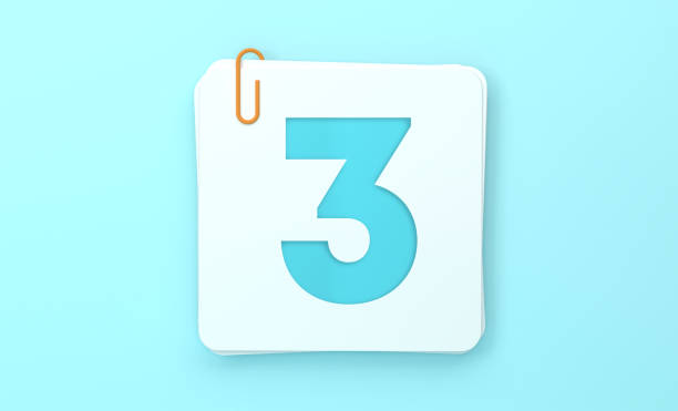 White Number 3 Post It Notes Held By A Paperclip On Blue Background. Numbers Concept.
