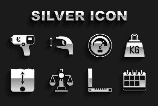 istock Set Scales of justice, Weight, Calendar, Corner ruler, Depth measurement, Speedometer, Digital thermometer and Approximate measurements icon. Vector 1805197685