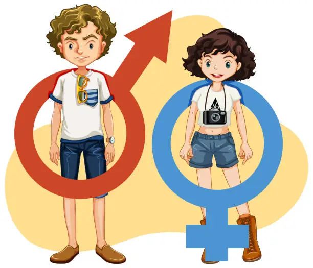 Vector illustration of Teen Male and Female with Gender Symbol