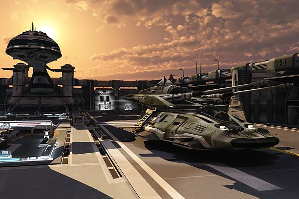 Futuristic military base and antigravity tank stock photo