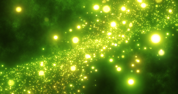Abstract green energy particles and waves magical bright glowing futuristic hi-tech with blur effect and bokeh background.