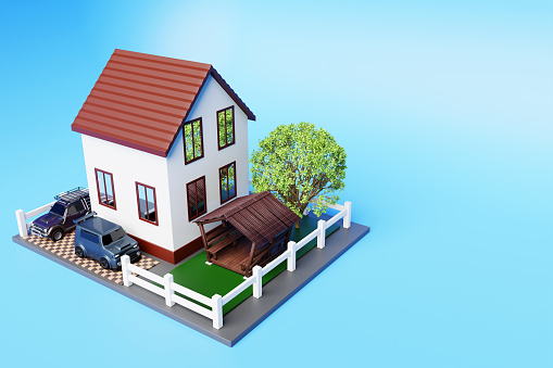 3D rendering of a country real estate cottage, gazebo, garden, cars in the parking lot.