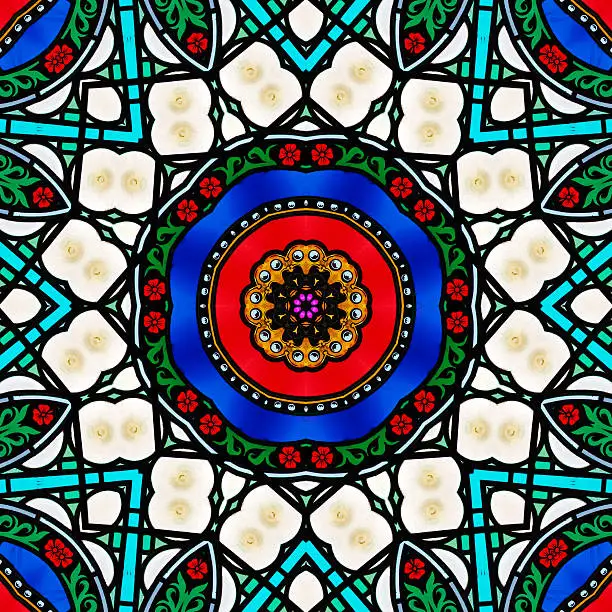 Colorful vitrage as kaleidoscope or ornamental mandala