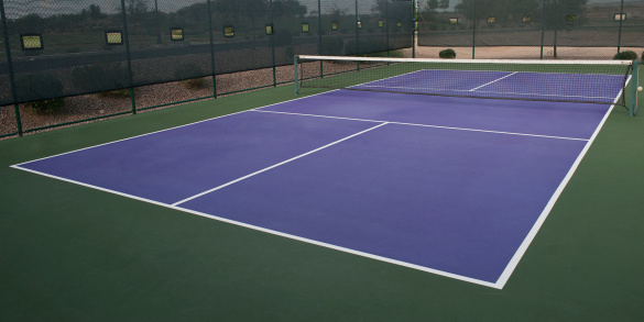 Image of an empty pickleball court - similar to those found all over the US (and the world).  This court is colorful with purple in-bounds areas and green out-of-bounds ares separated by white lines.