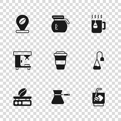 Set Coffee turk, Tea bag, Espresso tonic coffee, cup go, Cup tea with, Location bean, pot and machine icon. Vector