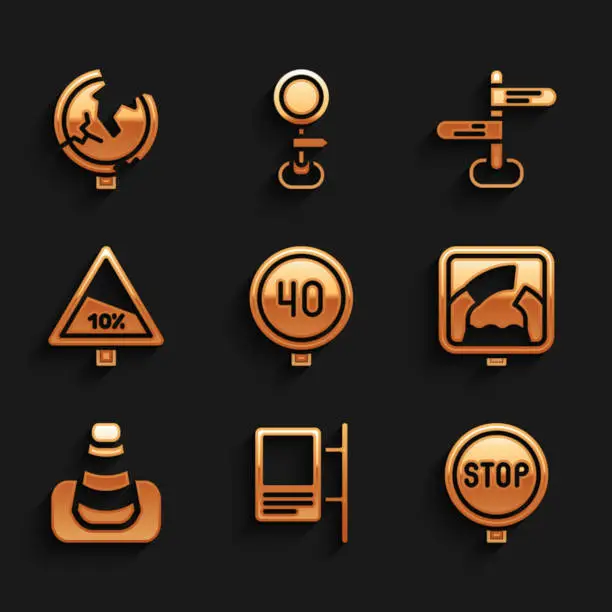 Vector illustration of Set Speed limit traffic, Road sign, Stop, Drawbridge ahead, Traffic cone, Steep ascent and descent road, and icon. Vector