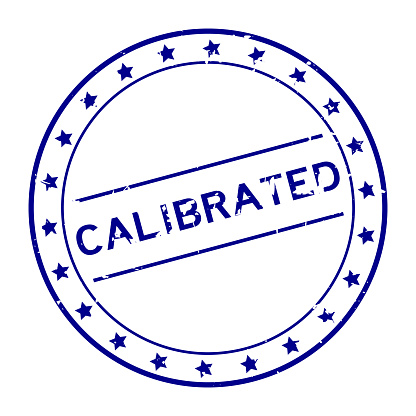 Grunge blue calibrated word round rubber seal stamp on white background
