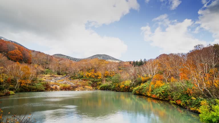 4k Time lapse of pond in autumn season, Aomori, Japan