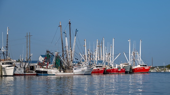 Beaufort NC, United States – October 03, 2023: An aerial view of a bustling harbor filled with a diverse array of fishing boats, bobbing in the tranquil waters of the bay