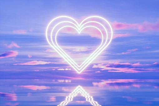 Glowing neon heart shape portal over the sea. 3d render.