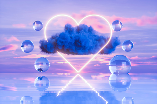 Glowing neon heart shape and cloud over the sea. 3d render.