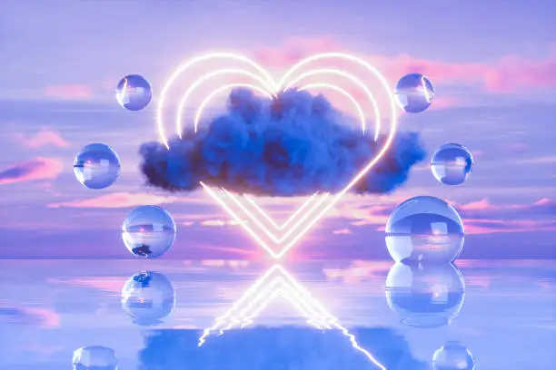 Photo of Glowing neon heart shape and cloud over the sea