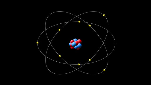 Atom Structure Animation with Orbiting Electrons Around Nucleus. Rutherford's model of Atomic Particle Simulation in white background