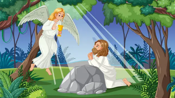 Vector illustration of Jesus Prays in Garden of Gethsemane