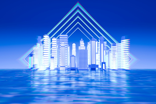 Smart city futuristic cityscape with neon lighting over the sea. 3d render.